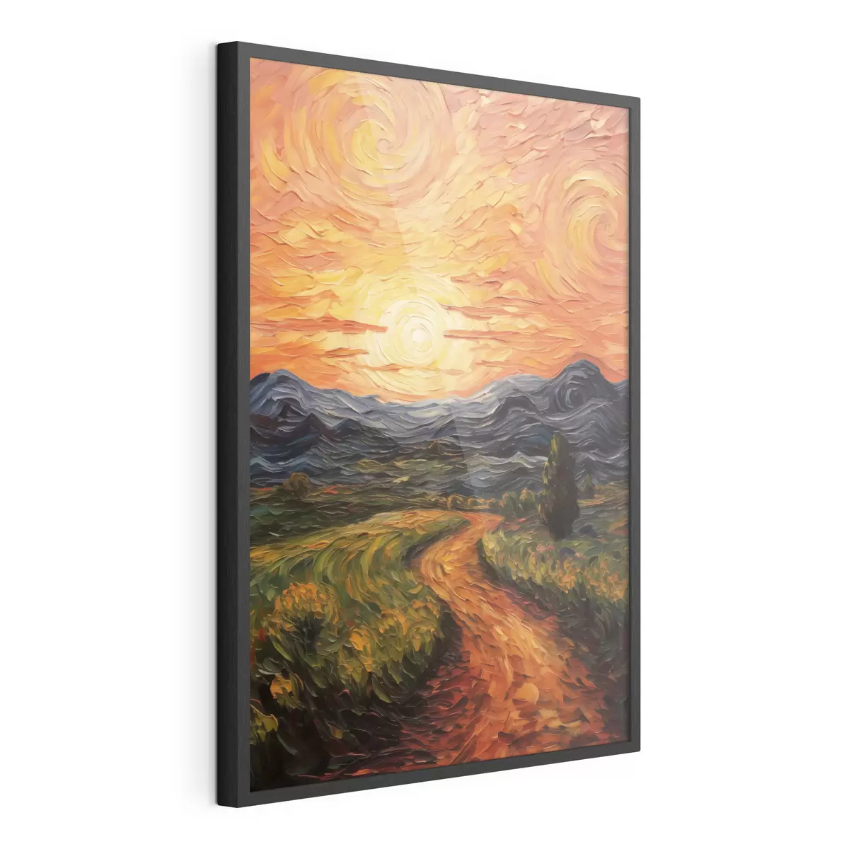 Poster Lebendige Landschaft, orange-gelber Himmel mit Sonne, stilisierte, strukturierte Grafik f49478