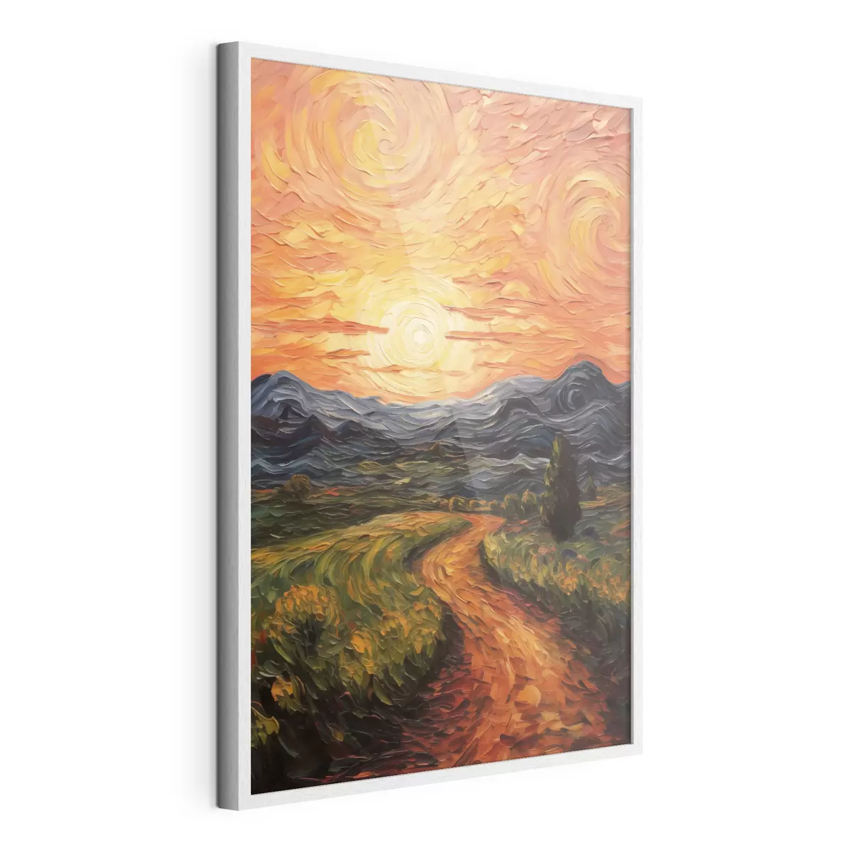 Poster Lebendige Landschaft, orange-gelber Himmel mit Sonne, stilisierte, strukturierte Grafik f49478