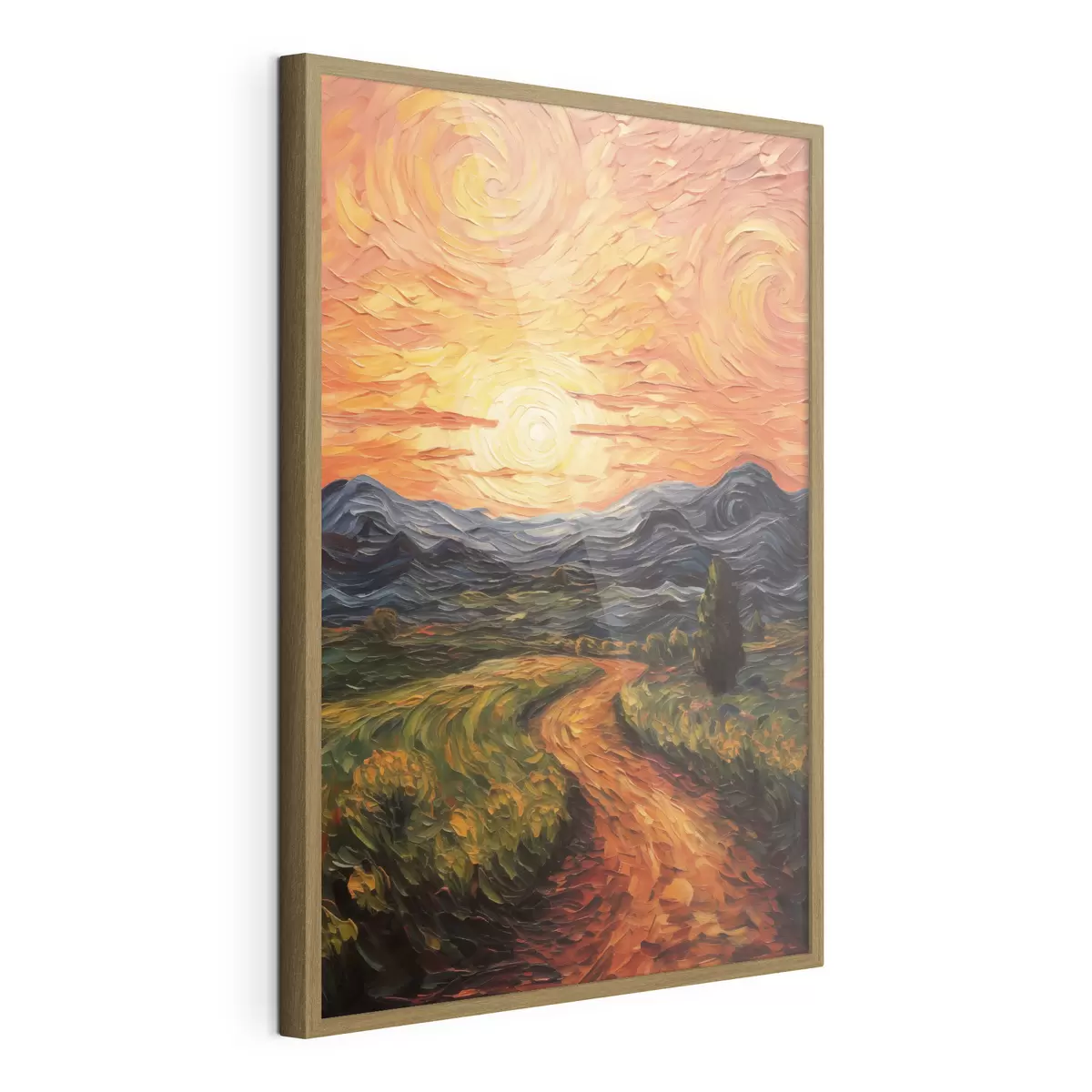 Poster Lebendige Landschaft, orange-gelber Himmel mit Sonne, stilisierte, strukturierte Grafik f49478