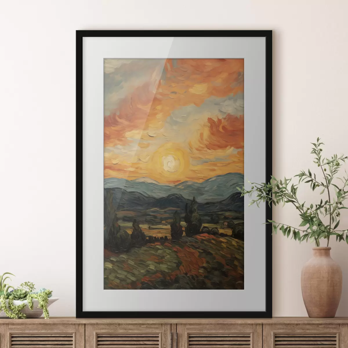 Poster Lebendige Landschaft, orange-gelber Himmel mit Sonne, stilisierte, strukturierte Grafik f49479