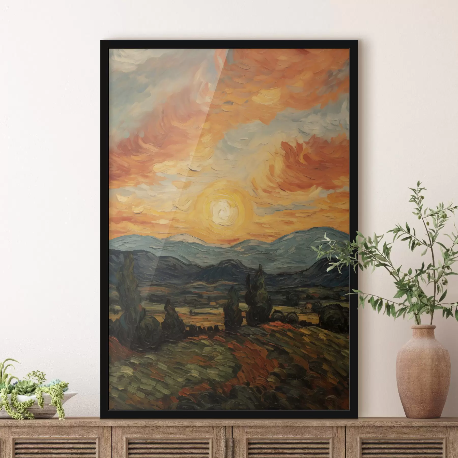 Fototapete Lebendige Landschaft, orange-gelber Himmel mit Sonne, stilisierte, strukturierte Grafik f49479