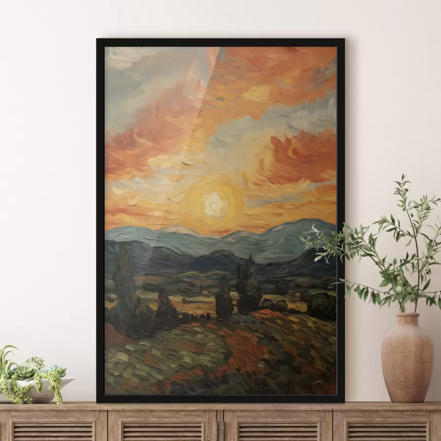 Fototapete Lebendige Landschaft, orange-gelber Himmel mit Sonne, stilisierte, strukturierte Grafik f49479