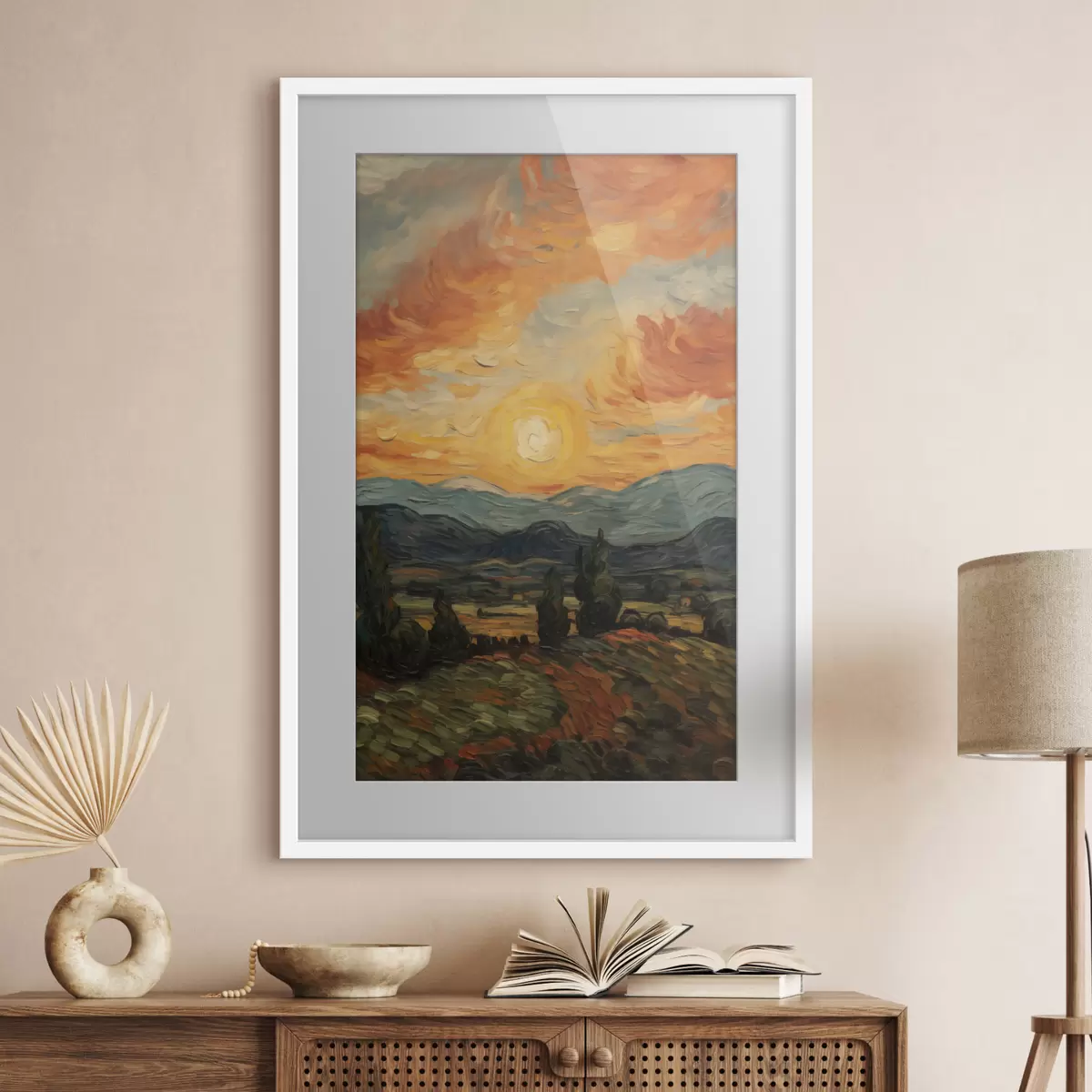 Poster Lebendige Landschaft, orange-gelber Himmel mit Sonne, stilisierte, strukturierte Grafik f49479