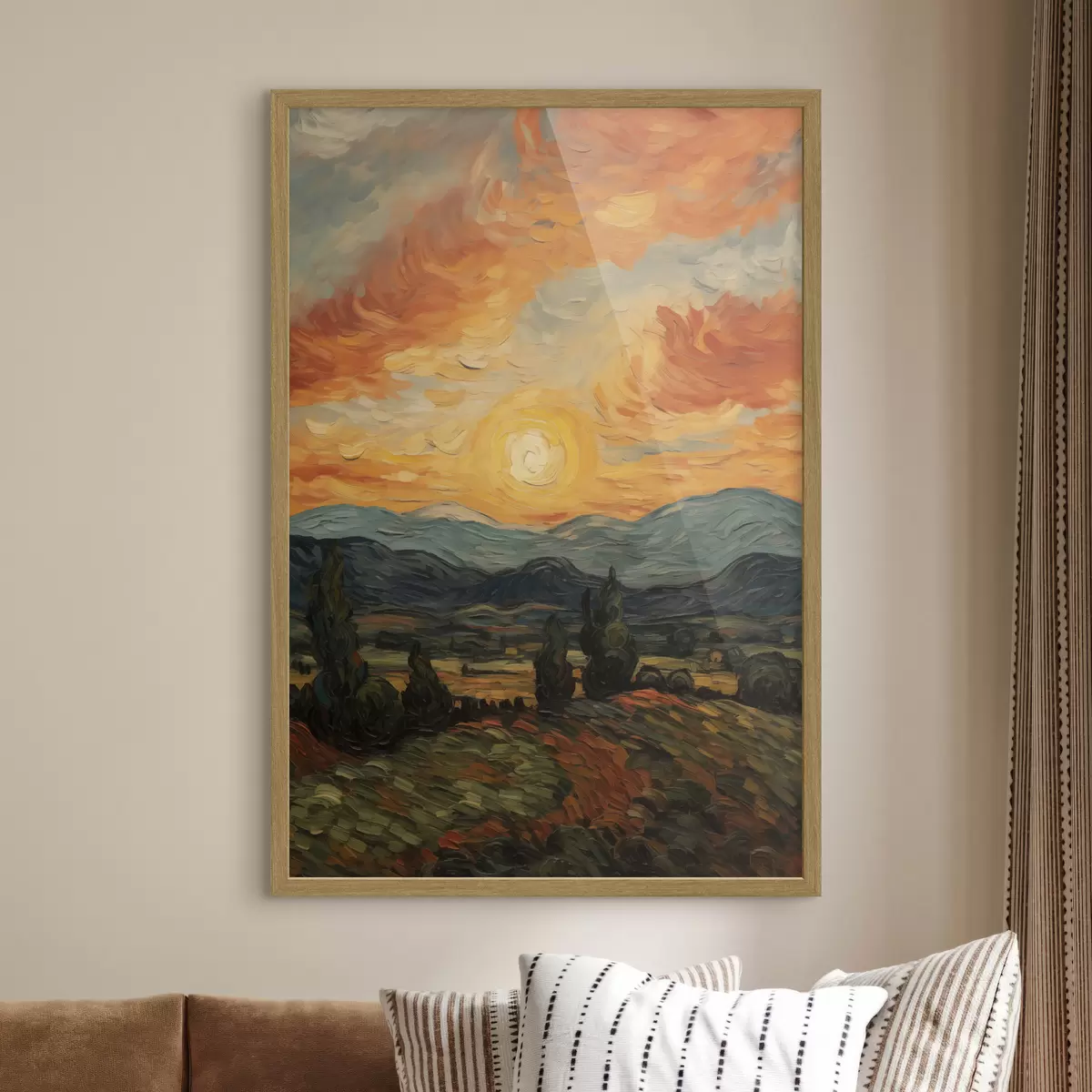 Poster Lebendige Landschaft, orange-gelber Himmel mit Sonne, stilisierte, strukturierte Grafik f49479