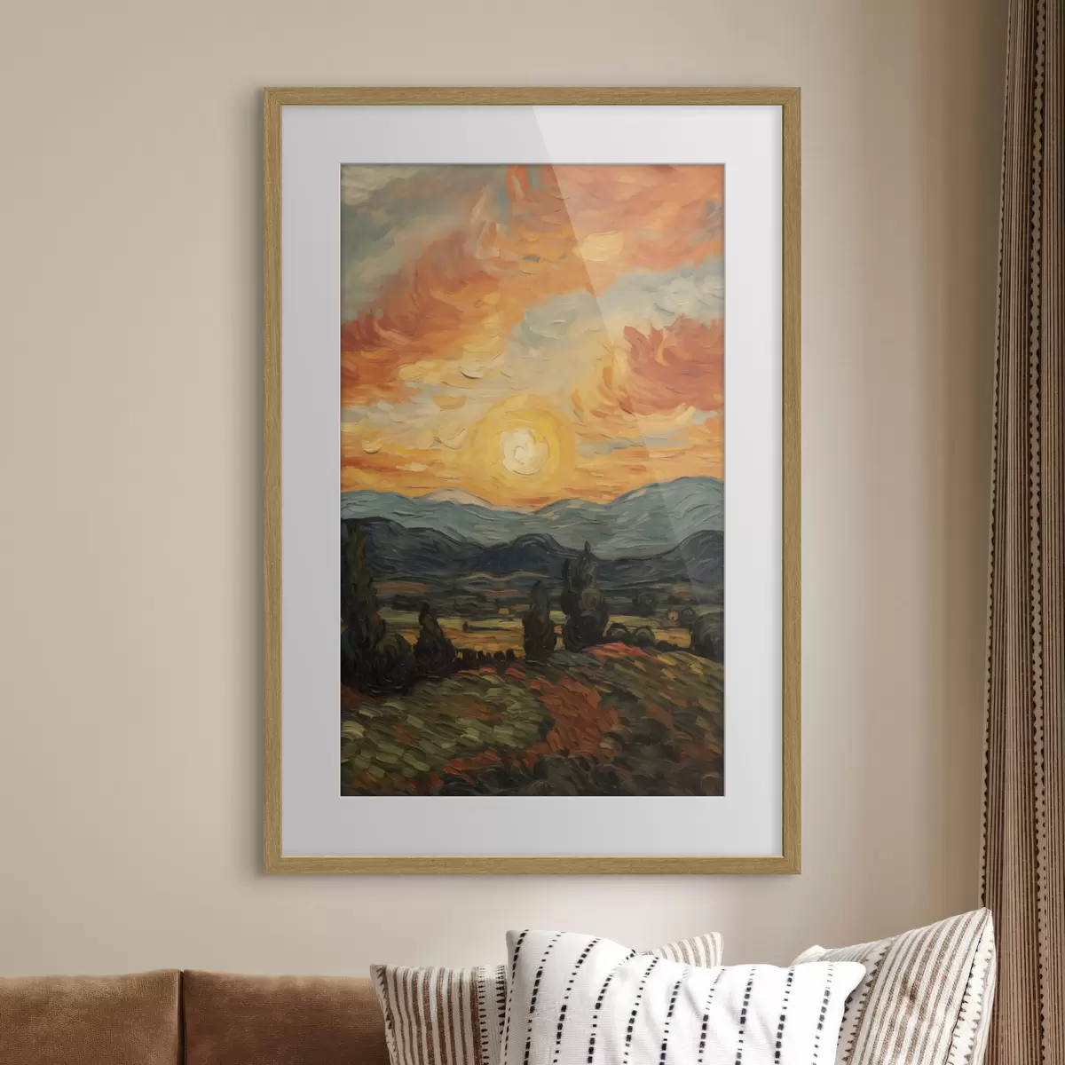 Poster Lebendige Landschaft, orange-gelber Himmel mit Sonne, stilisierte, strukturierte Grafik f49479