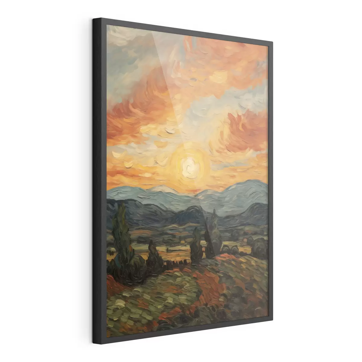 Poster Lebendige Landschaft, orange-gelber Himmel mit Sonne, stilisierte, strukturierte Grafik f49479