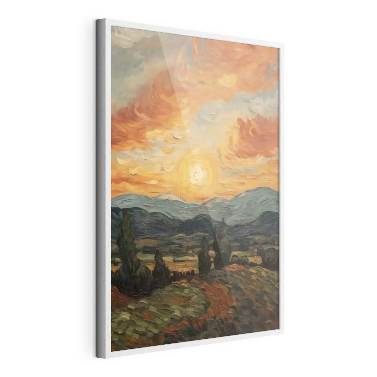 Poster Lebendige Landschaft, orange-gelber Himmel mit Sonne, stilisierte, strukturierte Grafik f49479