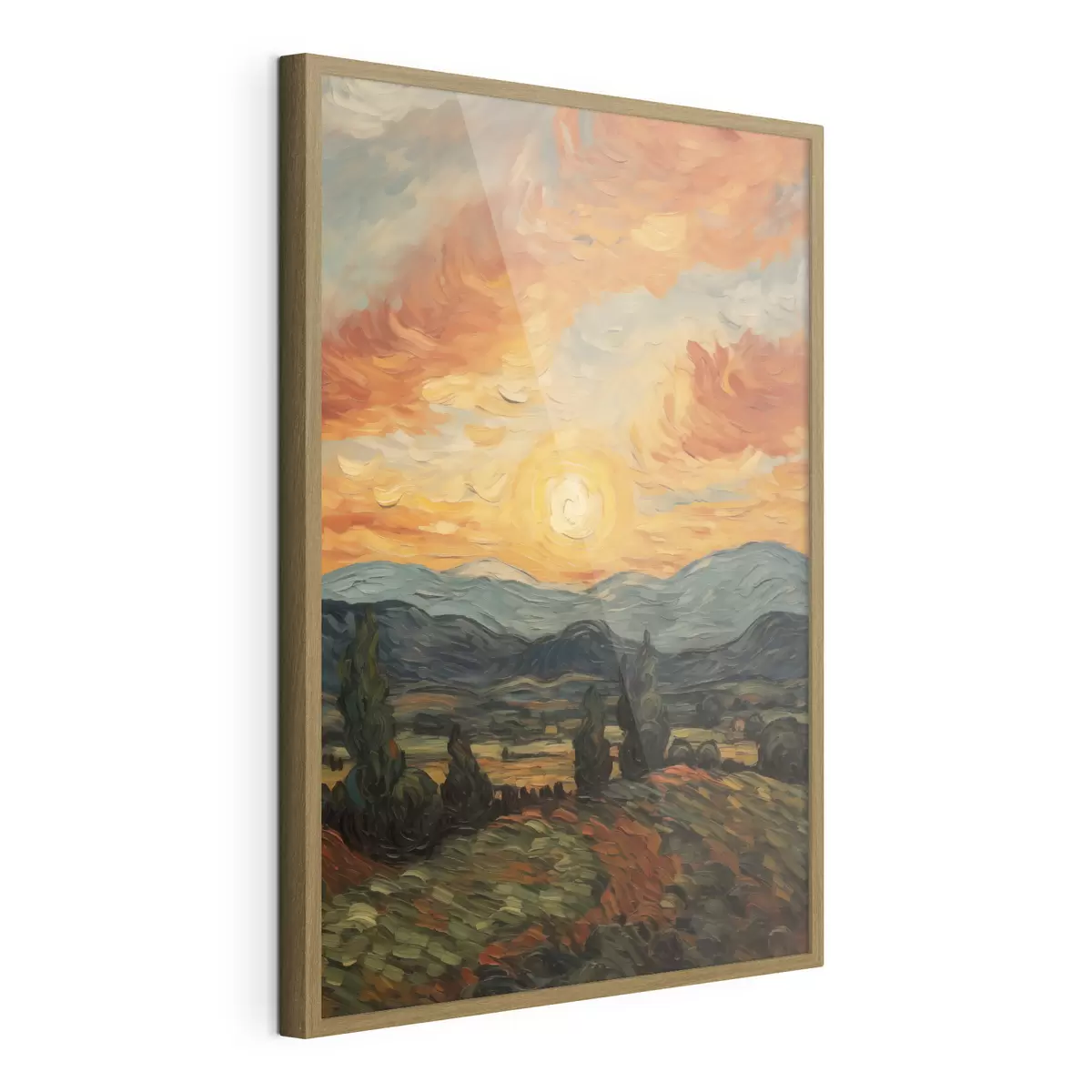 Poster Lebendige Landschaft, orange-gelber Himmel mit Sonne, stilisierte, strukturierte Grafik f49479