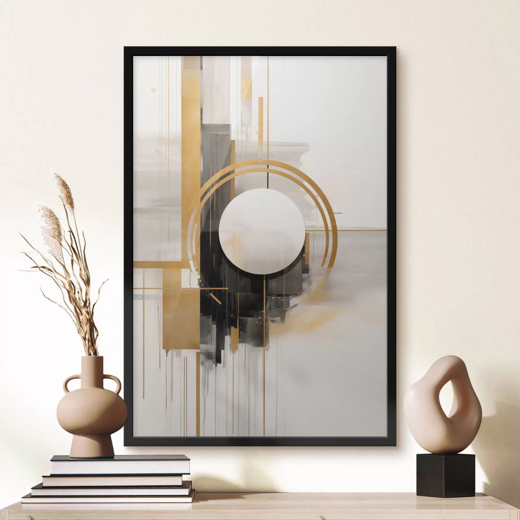 Fototapete Abstrakte geometrische Formen und Kreise mit gelben Akzenten, strukturierte Kunst f49480