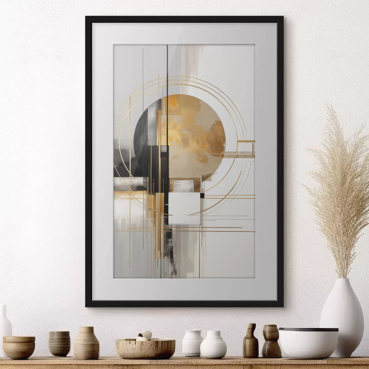 Poster Abstrakte geometrische Formen und Kreise mit gelben Akzenten, strukturierte Kunst f49481