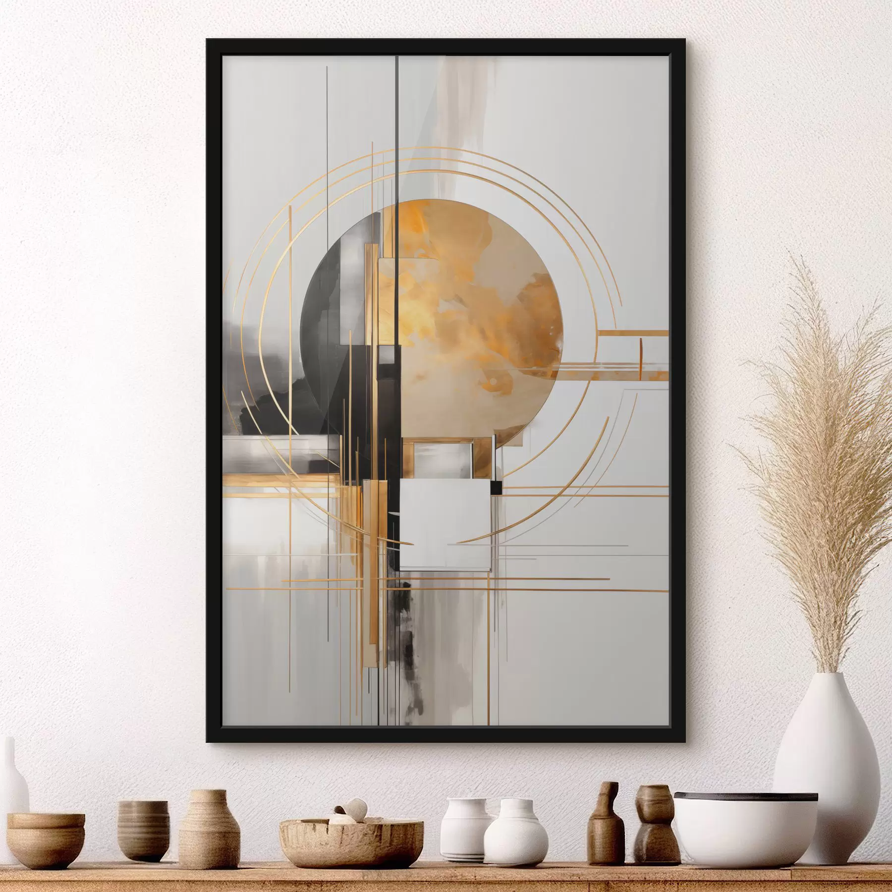 Fototapete Abstrakte geometrische Formen und Kreise mit gelben Akzenten, strukturierte Kunst f49481