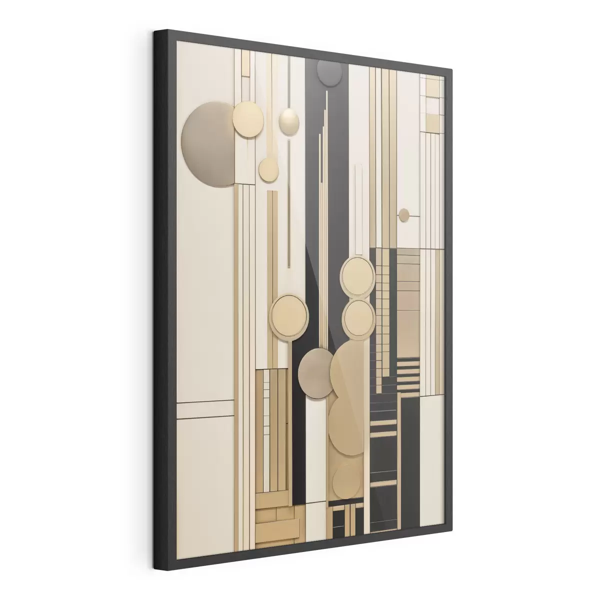 Poster Eine abstrakte geometrische Komposition aus Kreisen, Rechtecken und vertikalen Linien f49483