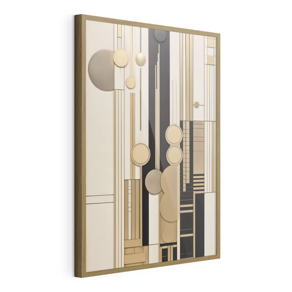 Poster Eine abstrakte geometrische Komposition aus Kreisen, Rechtecken und vertikalen Linien f49483