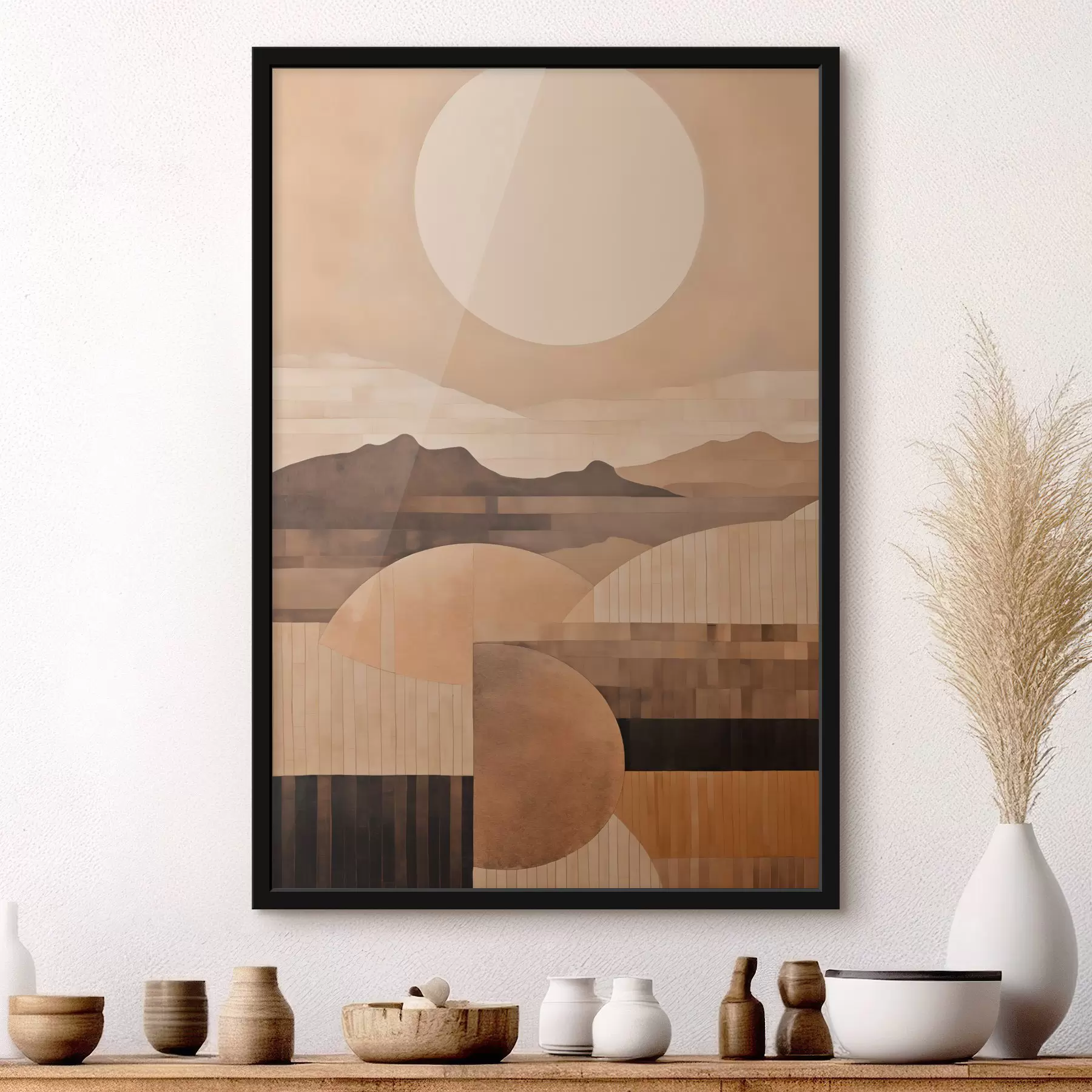 Fototapete Eine minimalistische Landschaft mit geometrischen Formen, Berge in Sepia-Tönen f49484