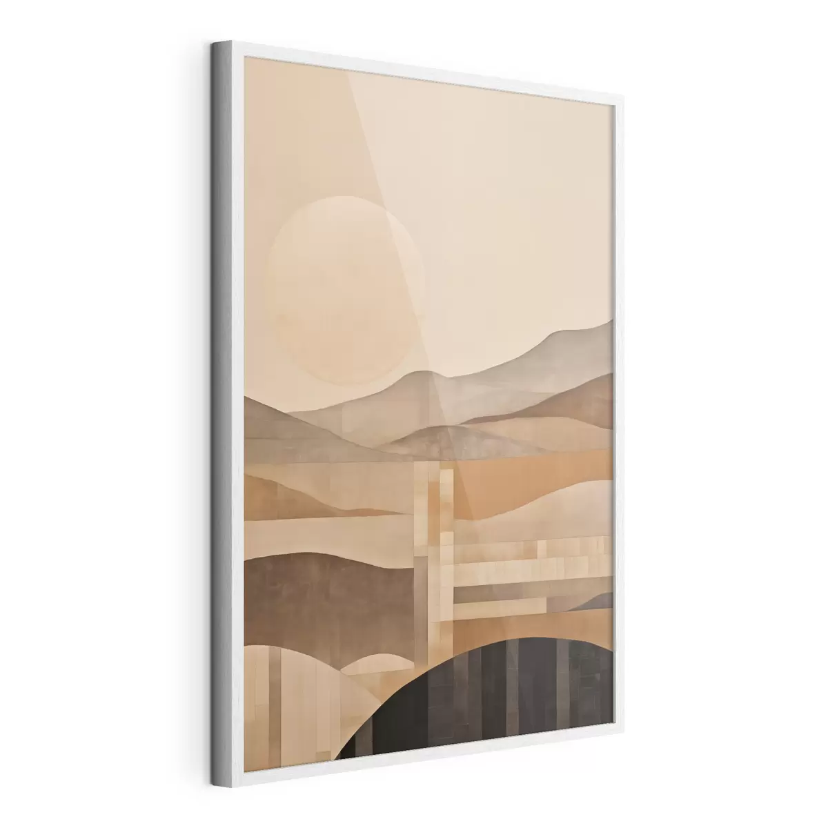 Poster Eine minimalistische Landschaft mit geometrischen Formen, Berge in Sepia-Tönen f49485