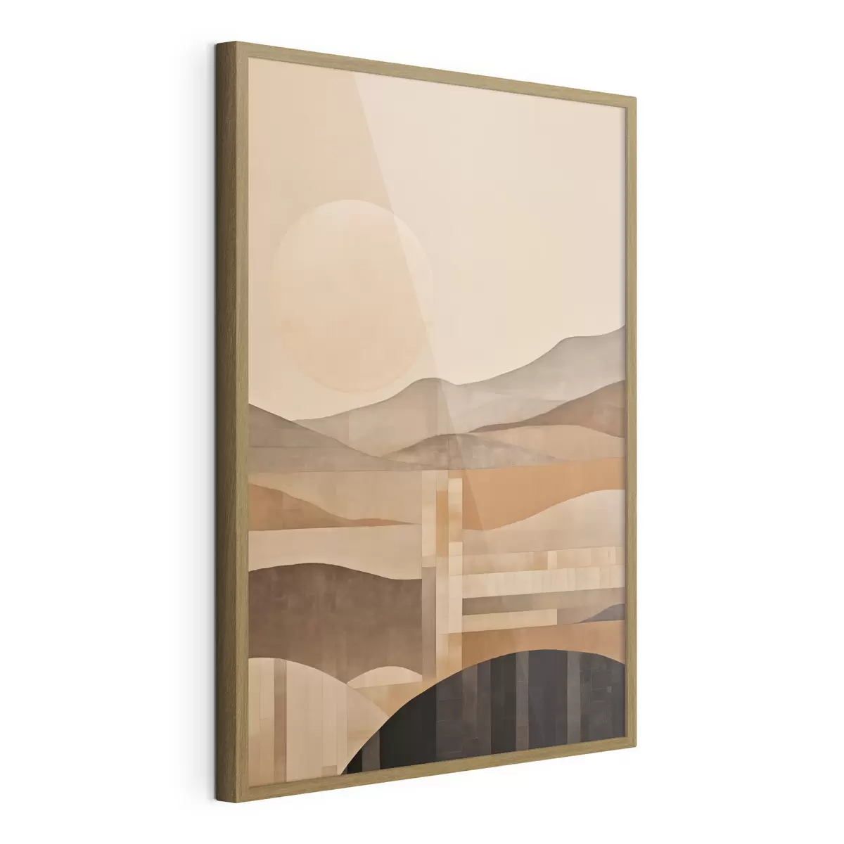 Poster Eine minimalistische Landschaft mit geometrischen Formen, Berge in Sepia-Tönen f49485