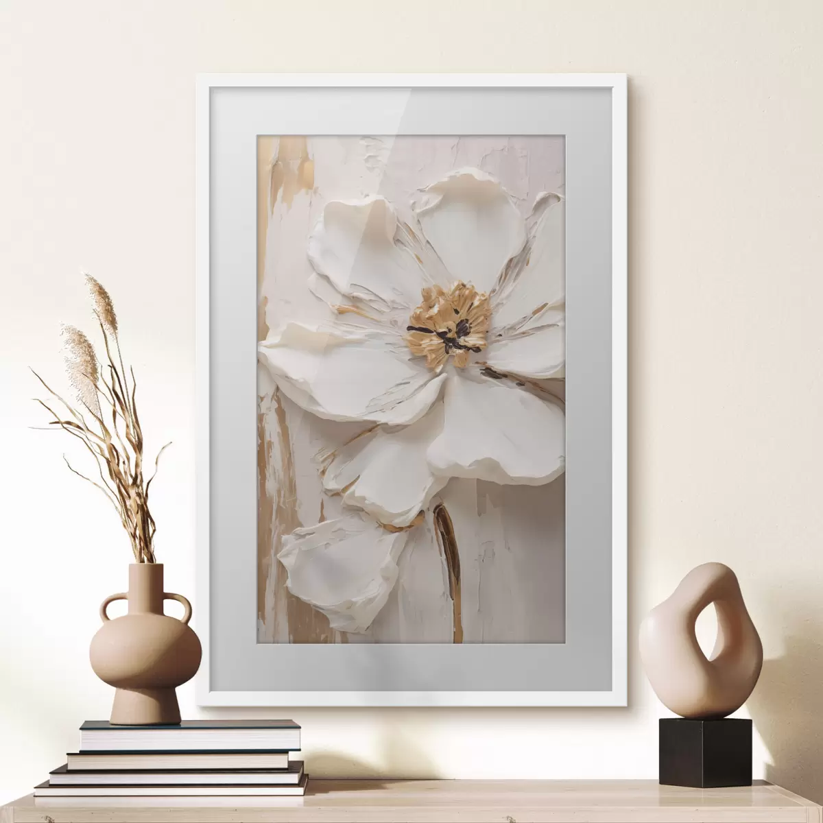 Poster Eine strukturierte weiße Blume mit zarten Blütenblättern und einem abstrakten Hintergrund f49486