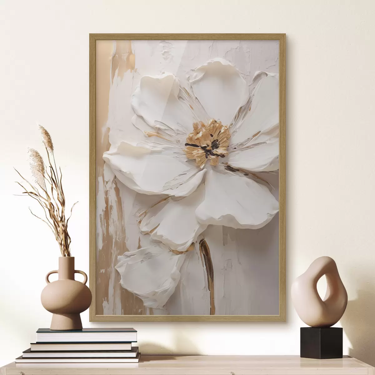 Poster Eine strukturierte weiße Blume mit zarten Blütenblättern und einem abstrakten Hintergrund f49486