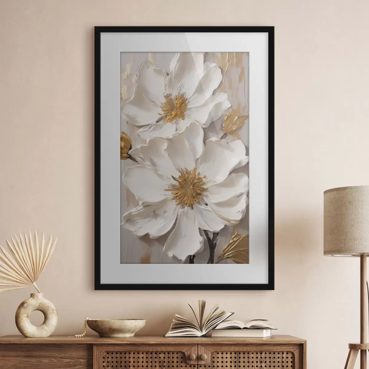 Poster Strukturierte weiße Blüten mit zarten Blütenblättern und abstraktem Hintergrund f49487