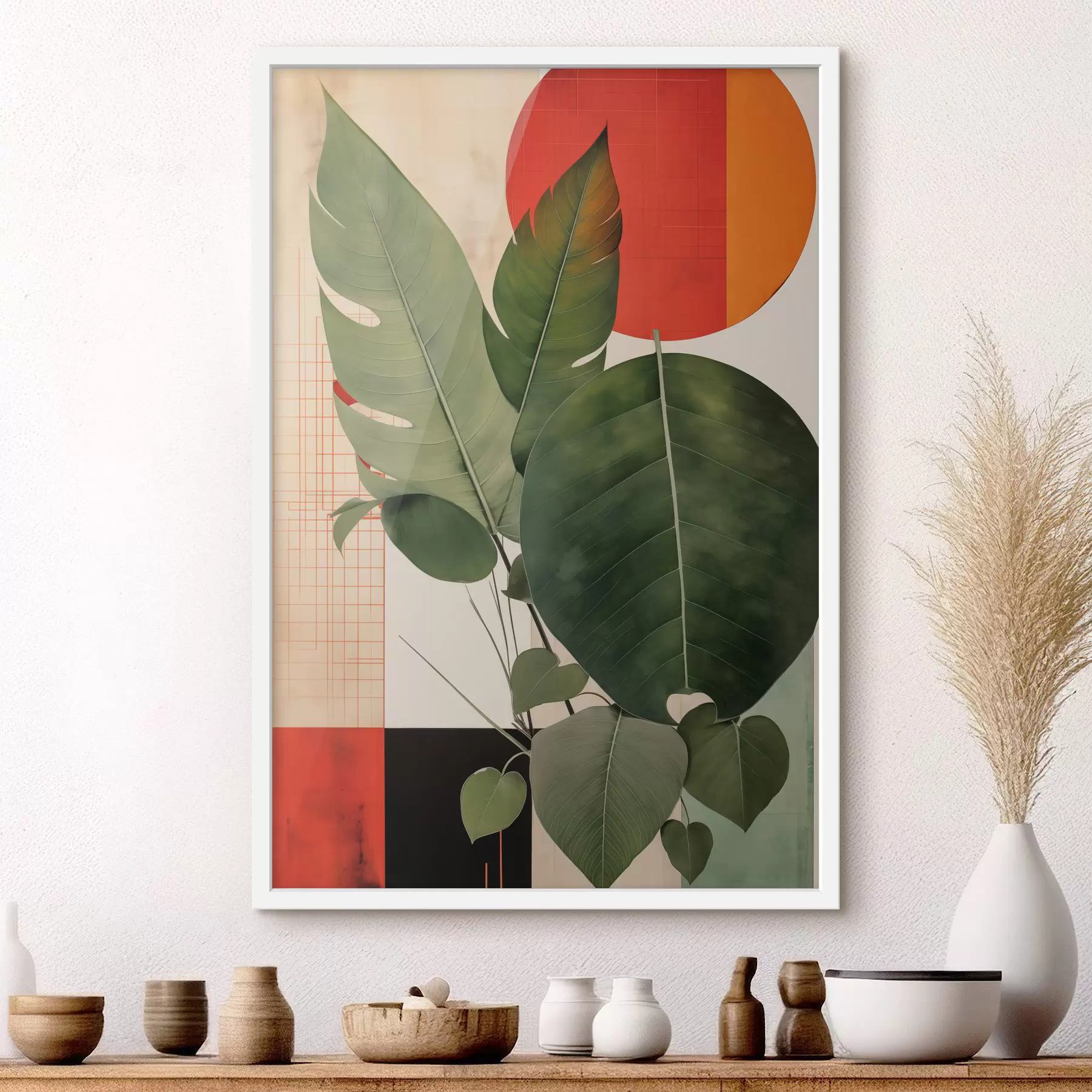 Fototapete Große Blätter vor einem geometrischen Hintergrund, im Stil abstrakter moderner Kunst f49490