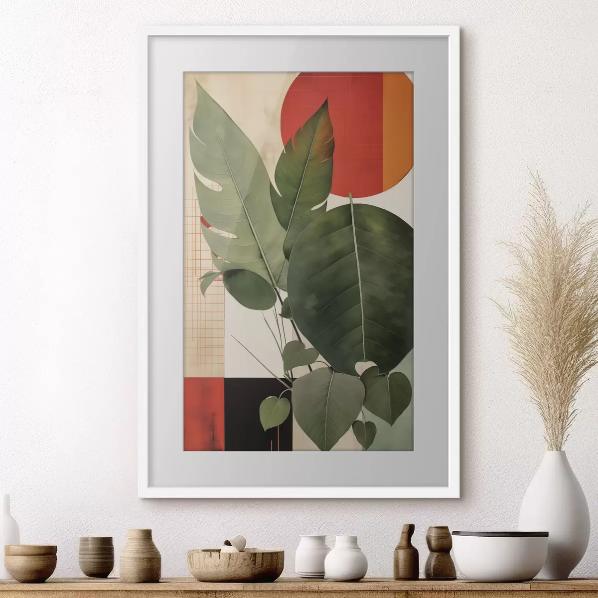 Poster Große Blätter vor einem geometrischen Hintergrund, im Stil abstrakter moderner Kunst f49490