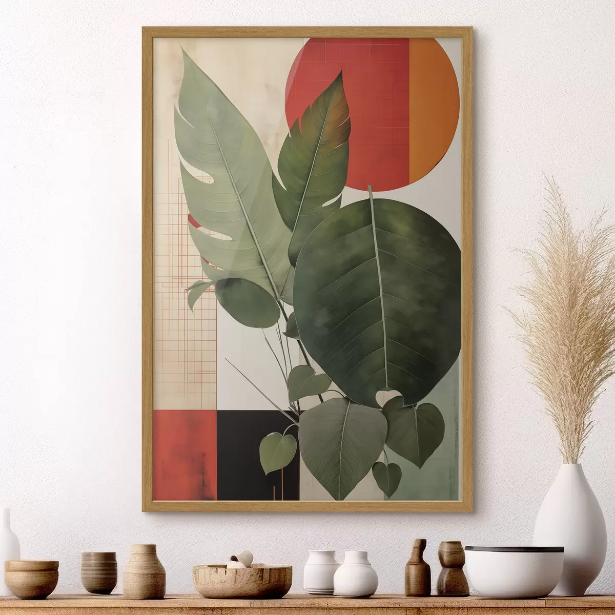 Poster Große Blätter vor einem geometrischen Hintergrund, im Stil abstrakter moderner Kunst f49490