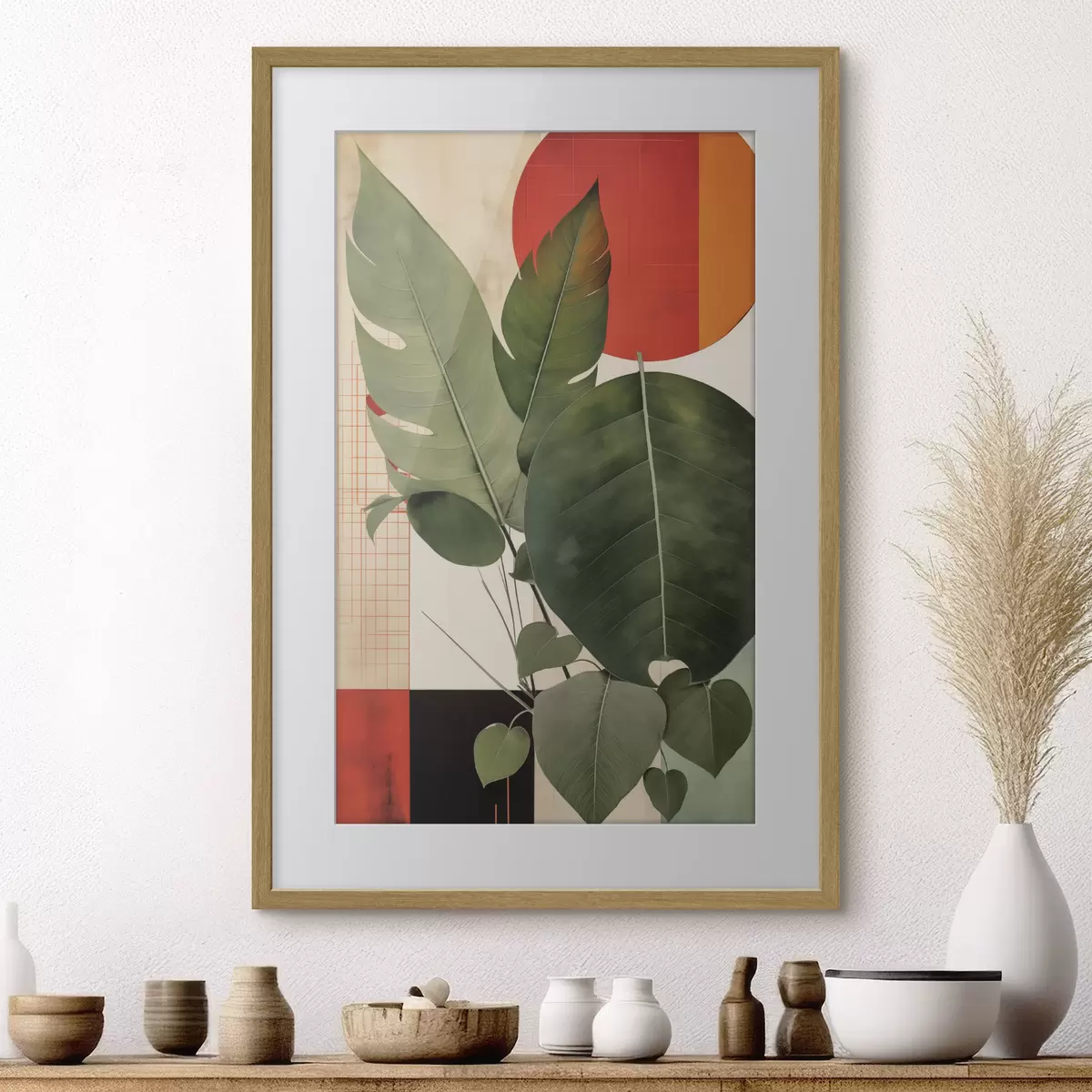 Poster Große Blätter vor einem geometrischen Hintergrund, im Stil abstrakter moderner Kunst f49490