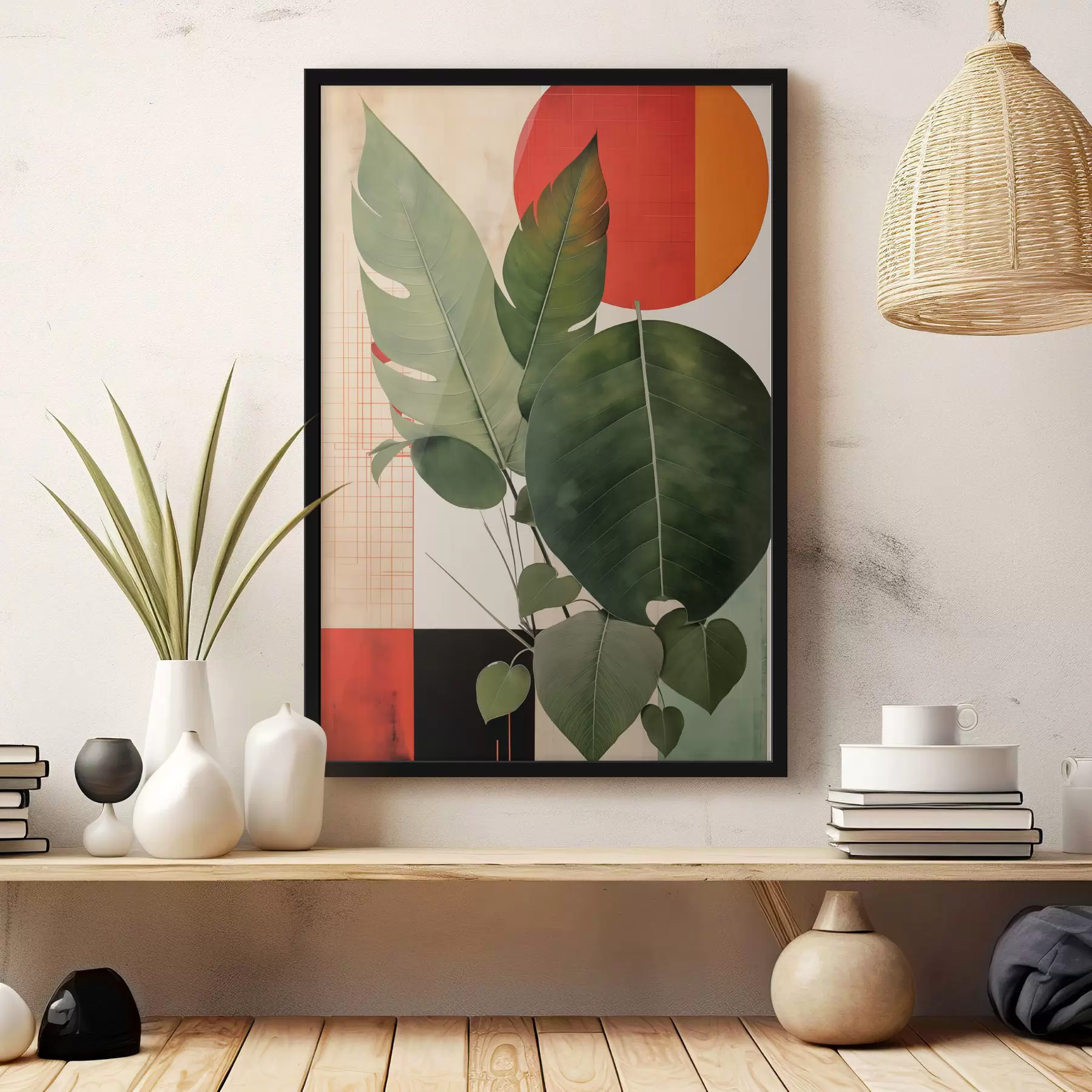 Fototapete Große Blätter vor einem geometrischen Hintergrund, im Stil abstrakter moderner Kunst f49490