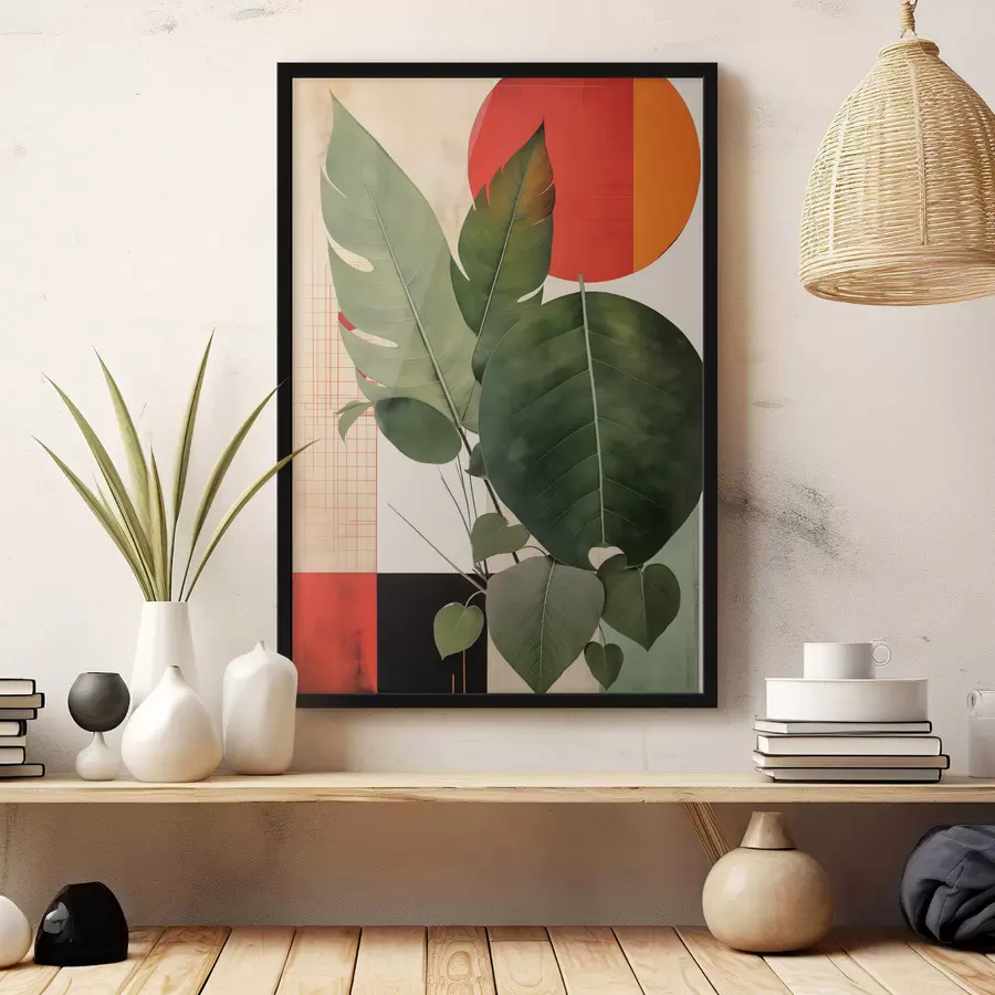 Fototapete Große Blätter vor einem geometrischen Hintergrund, im Stil abstrakter moderner Kunst f49490