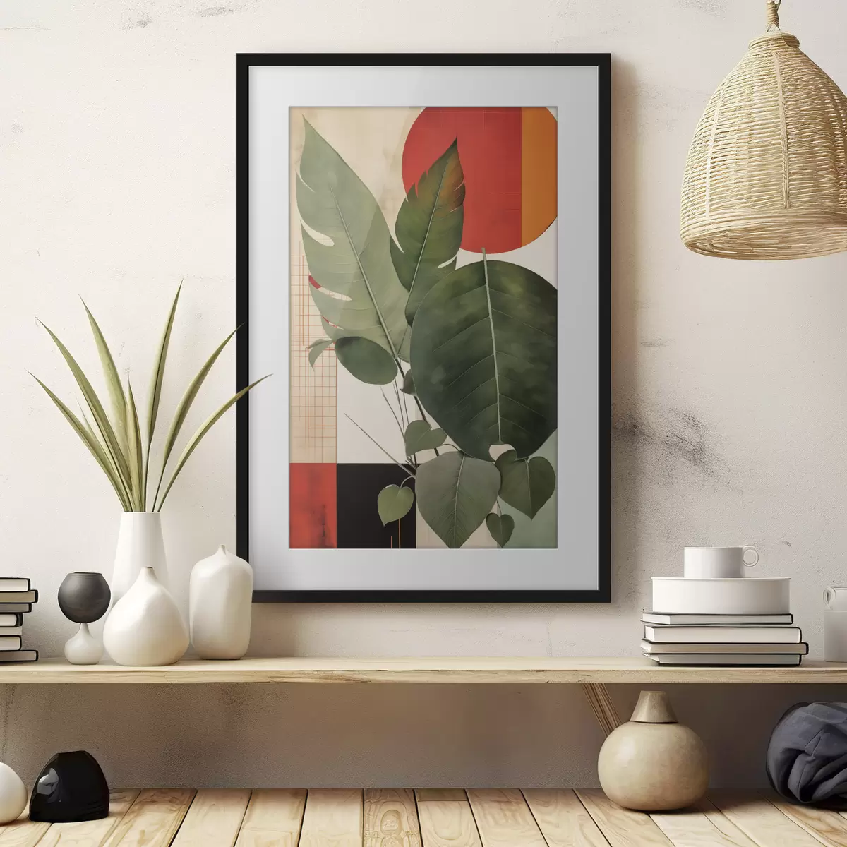 Poster Große Blätter vor einem geometrischen Hintergrund, im Stil abstrakter moderner Kunst f49490