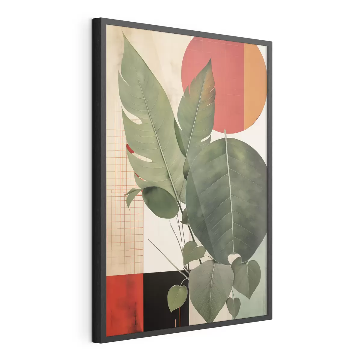 Poster Große Blätter vor einem geometrischen Hintergrund, im Stil abstrakter moderner Kunst f49490