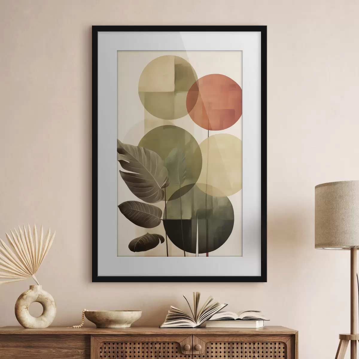 Poster Blätter vor einem geometrischen Hintergrund, im Stil abstrakter moderner Kunst f49491