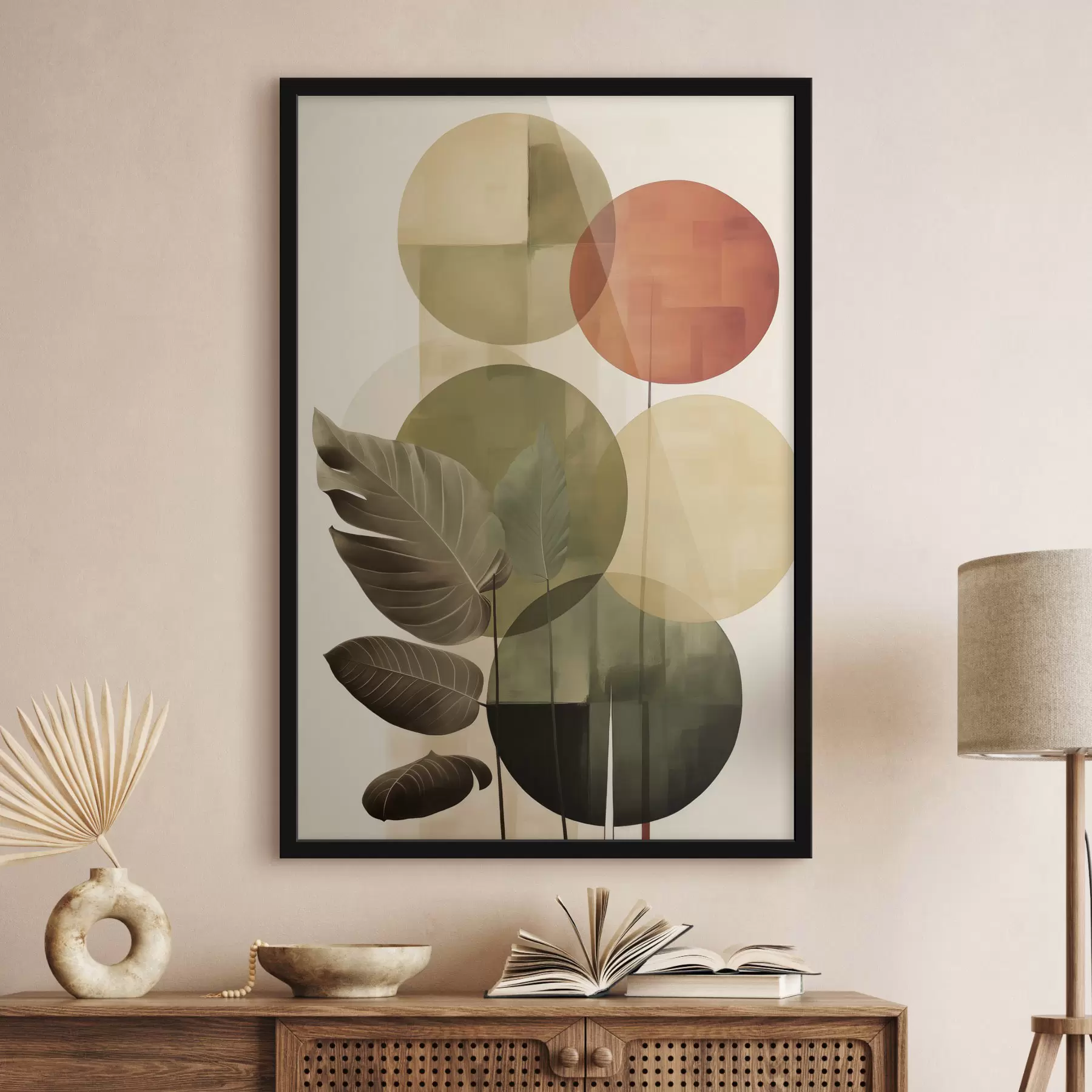 Fototapete Blätter vor einem geometrischen Hintergrund, im Stil abstrakter moderner Kunst f49491