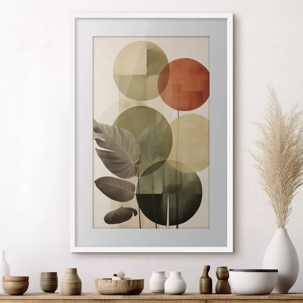 Poster Blätter vor einem geometrischen Hintergrund, im Stil abstrakter moderner Kunst f49491