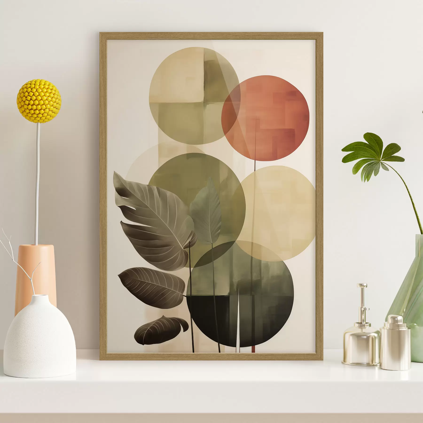 Fototapete Blätter vor einem geometrischen Hintergrund, im Stil abstrakter moderner Kunst f49491