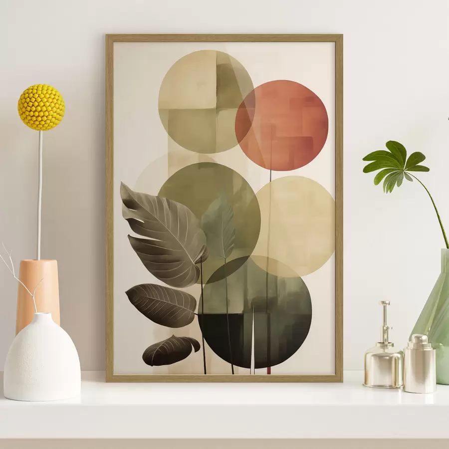 Fototapete Blätter vor einem geometrischen Hintergrund, im Stil abstrakter moderner Kunst f49491