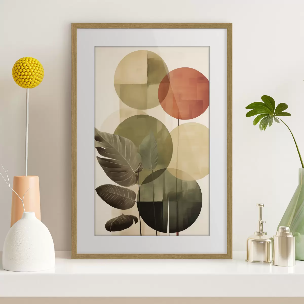 Poster Blätter vor einem geometrischen Hintergrund, im Stil abstrakter moderner Kunst f49491