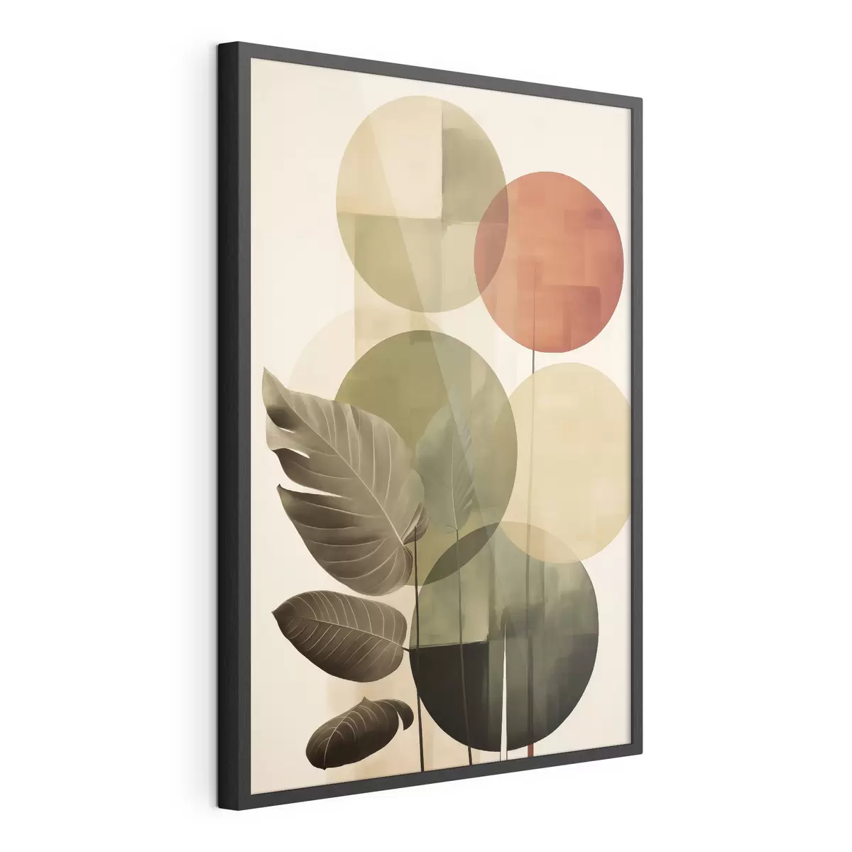 Poster Blätter vor einem geometrischen Hintergrund, im Stil abstrakter moderner Kunst f49491
