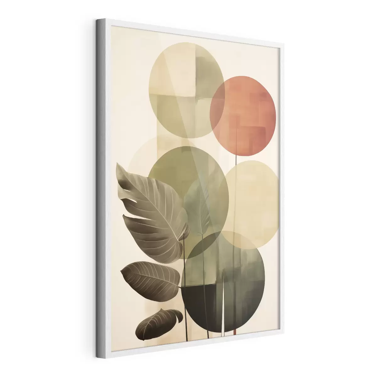Poster Blätter vor einem geometrischen Hintergrund, im Stil abstrakter moderner Kunst f49491