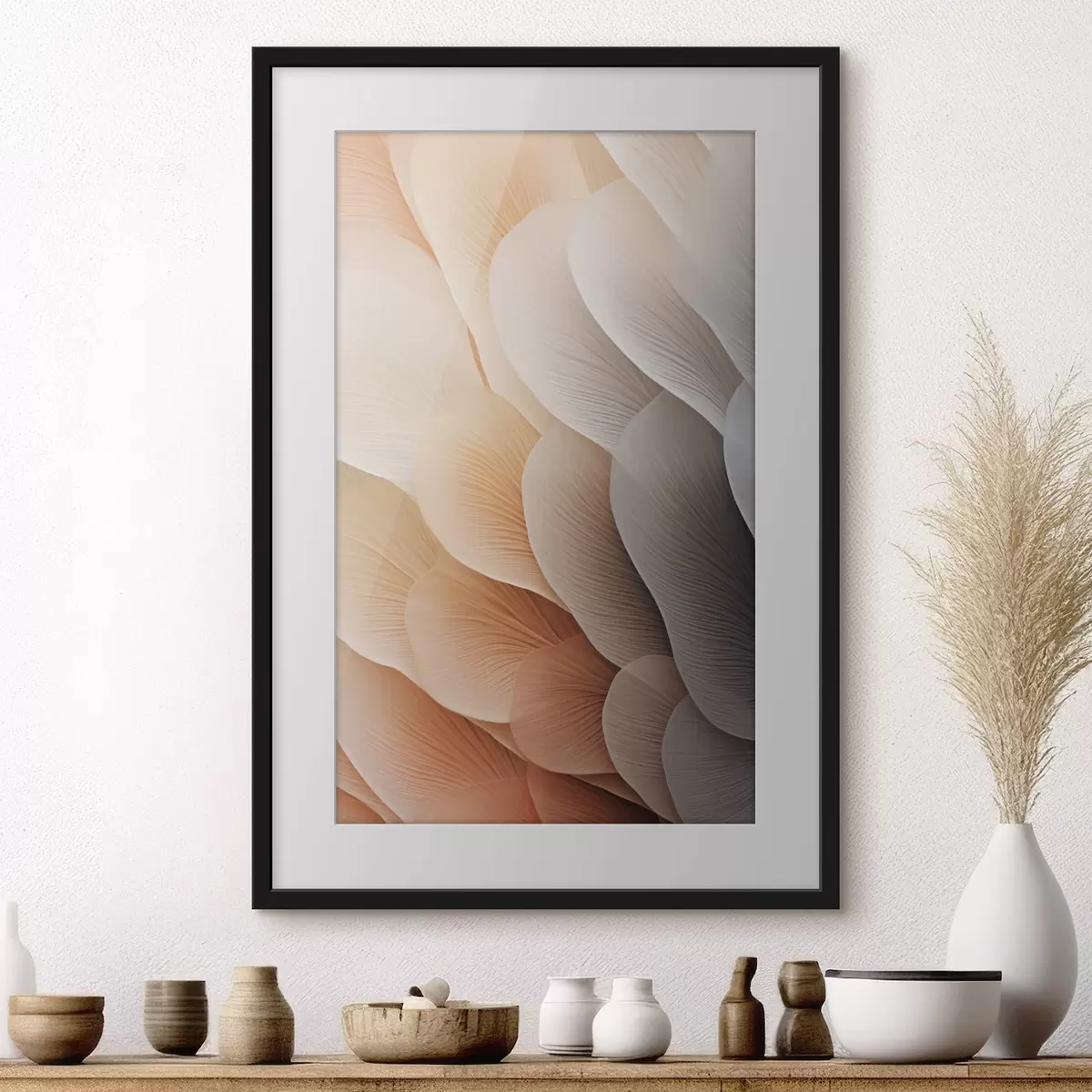 Poster Abstrakte, durchscheinende, blütenblattartige Strukturen in Pfirsich-, Creme- und Grautönen f49492