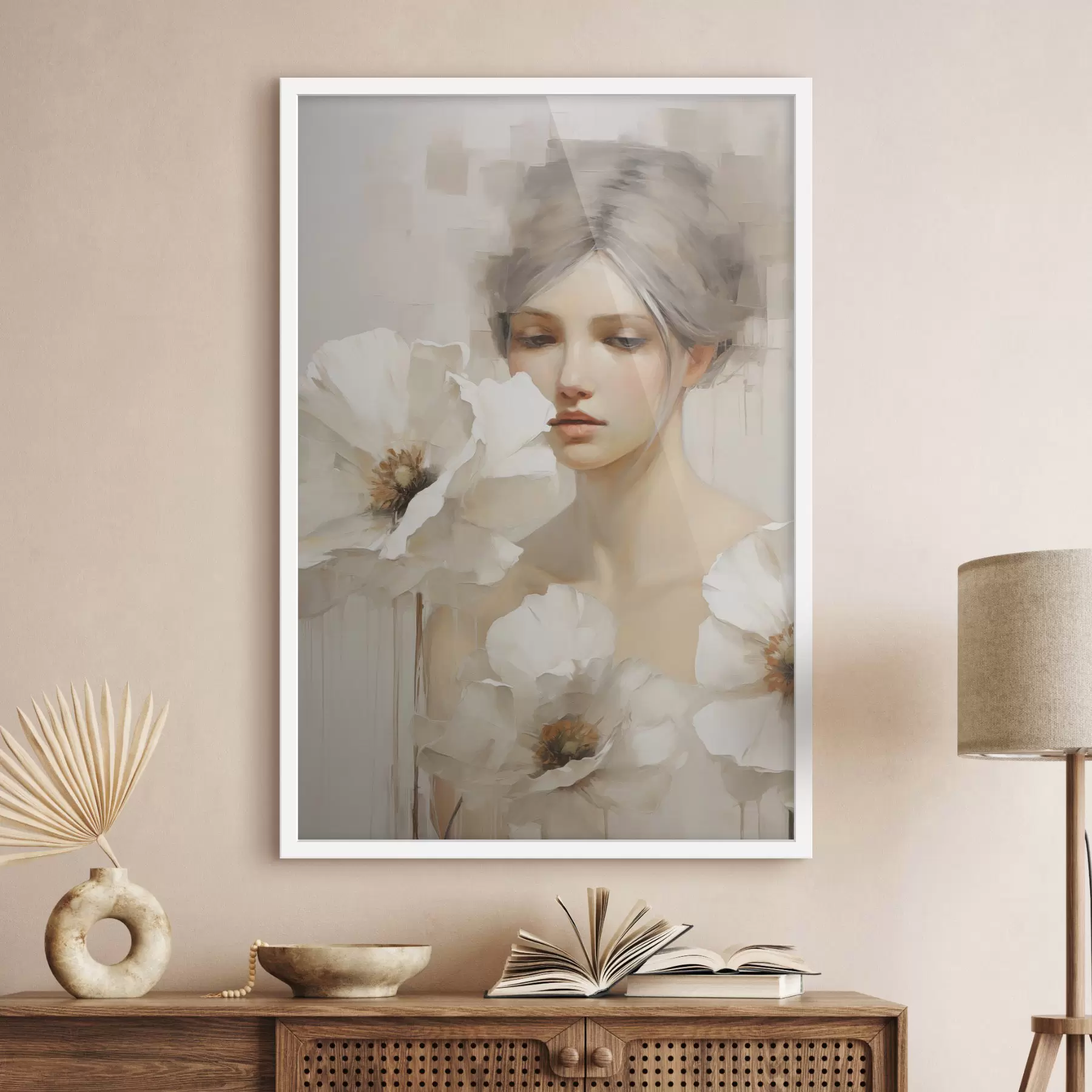 Fototapete Frauenporträt mit großen weißen Blumen vor einem hellen, abstrakten Hintergrund f49494