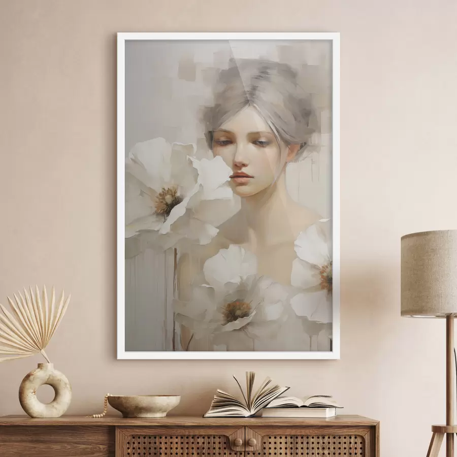 Fototapete Frauenporträt mit großen weißen Blumen vor einem hellen, abstrakten Hintergrund f49494