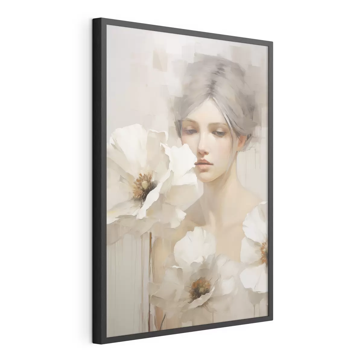 Poster Frauenporträt mit großen weißen Blumen vor einem hellen, abstrakten Hintergrund f49494