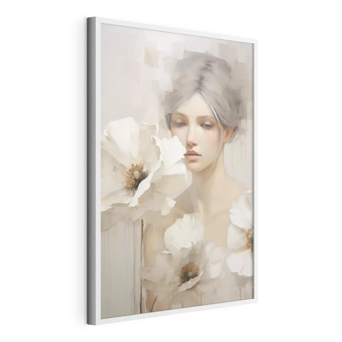 Poster Frauenporträt mit großen weißen Blumen vor einem hellen, abstrakten Hintergrund f49494