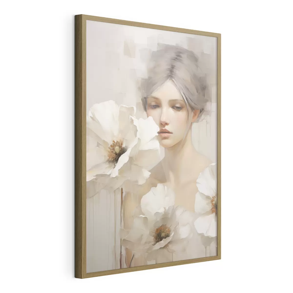 Poster Frauenporträt mit großen weißen Blumen vor einem hellen, abstrakten Hintergrund f49494