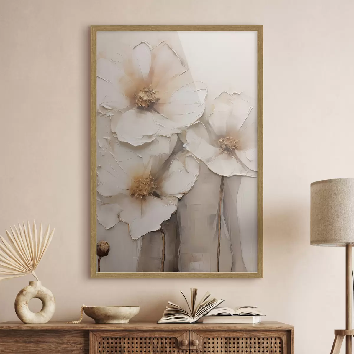 Poster Große weiße Blüten vor einem hellen, abstrakten Hintergrund f49495