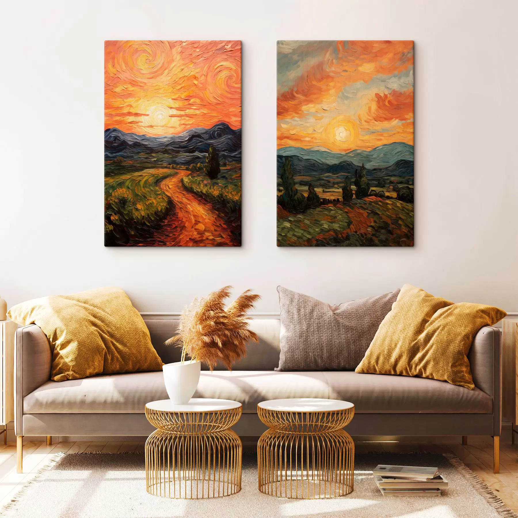 Fototapete Lebendige Landschaft, orange-gelber Himmel mit Sonne, stilisierte, strukturierte Grafik m30575