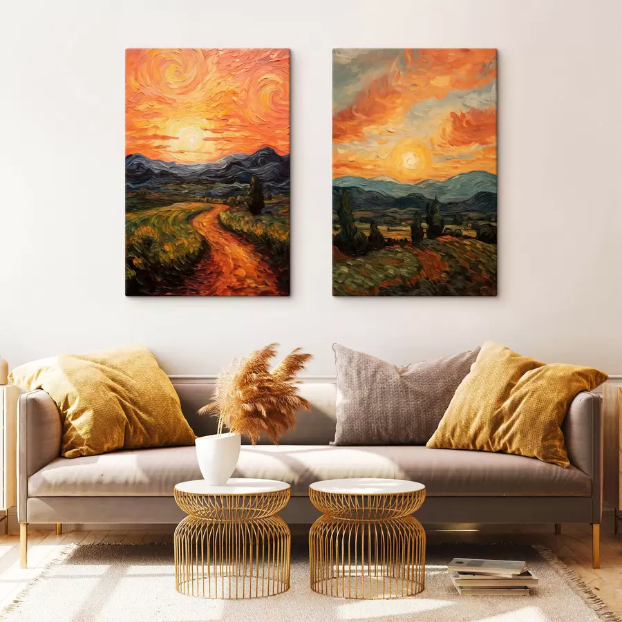 Fototapete Lebendige Landschaft, orange-gelber Himmel mit Sonne, stilisierte, strukturierte Grafik m30575