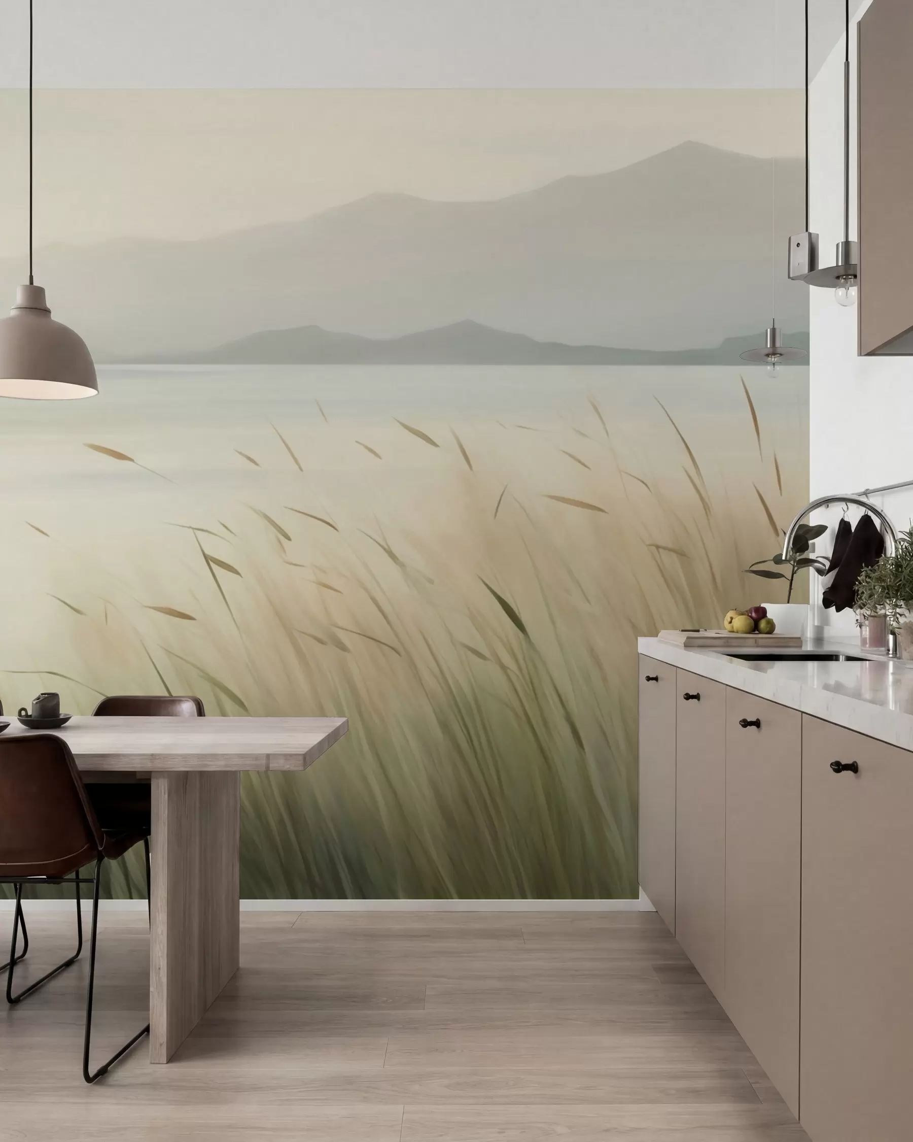 Fototapete Gras am See mit Bergen im Hintergrund w05668