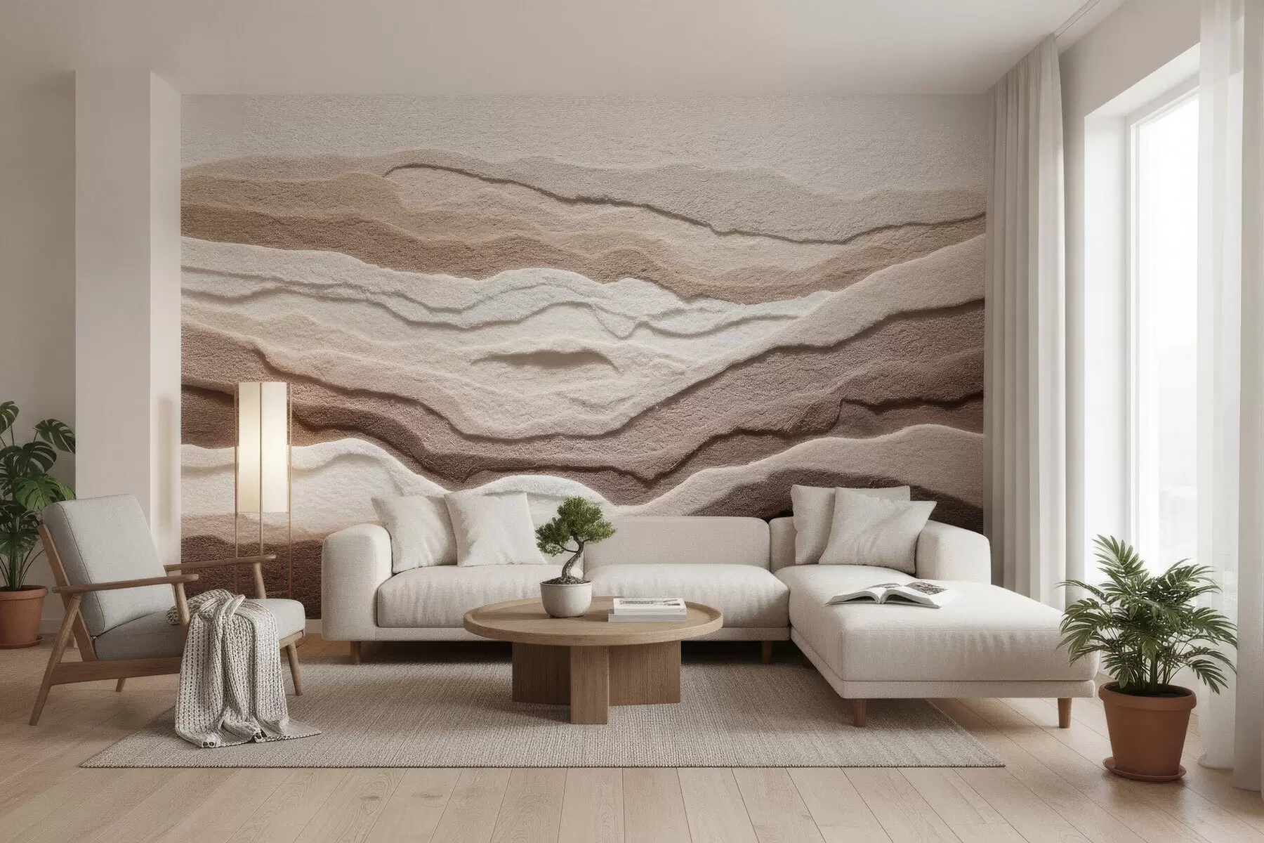 Fototapete Strukturierte Fototapete mit geschichteten Sandformationen in einer warmen Beige-Farbpalette w09807